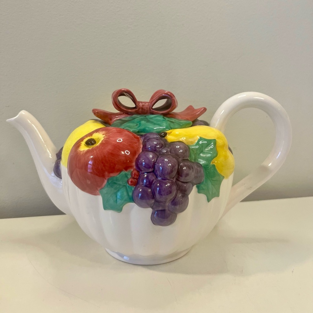 1992 Fritz & Floyd Delia Robbia Teapot with Embossed Fruits and Red Bow